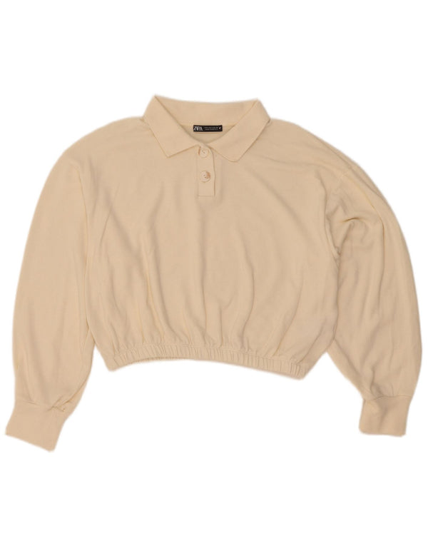 Zara Pull court surdimensionné à col polo pour femme UK 10 Petit Blanc cassé