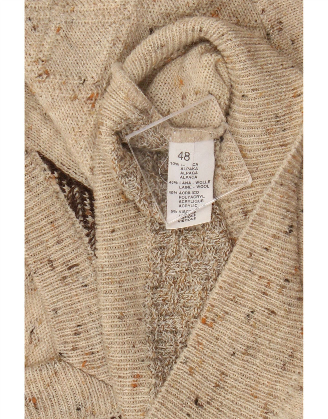 vintage Homme Col V Pull Pull IT 48 Beige Moyen Colorblock Laine