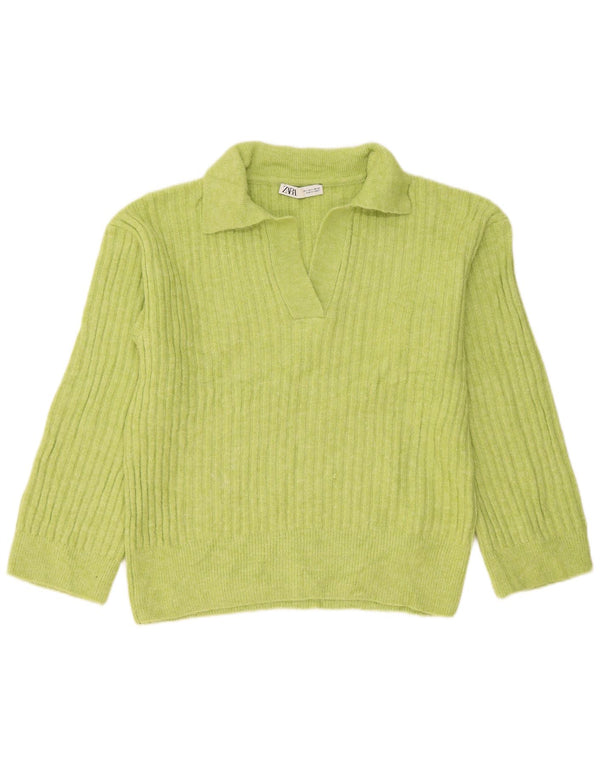 Zara Pull surdimensionné à col polo pour femme UK 10 Petit acrylique vert