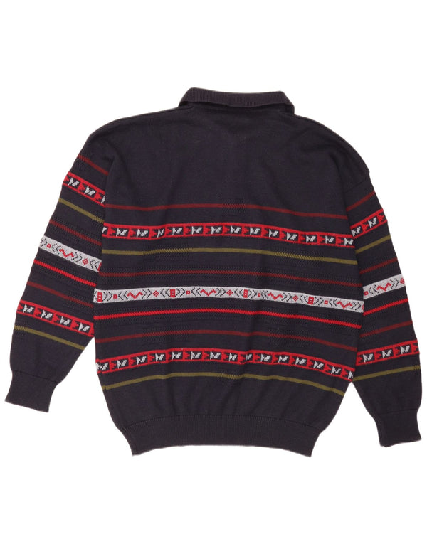 vintage Mens Polo Neck Jumper Pull XL Bleu Marine Rayé Laine