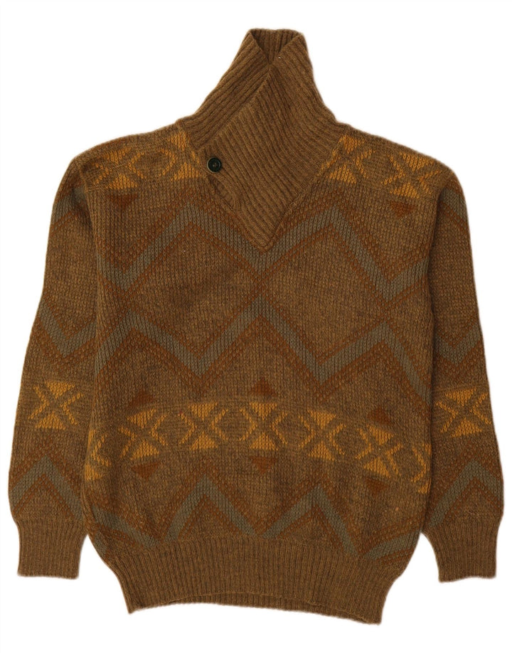 vintage Homme Col Châle Pull Pull IT 48 Moyen Kaki Géométrique