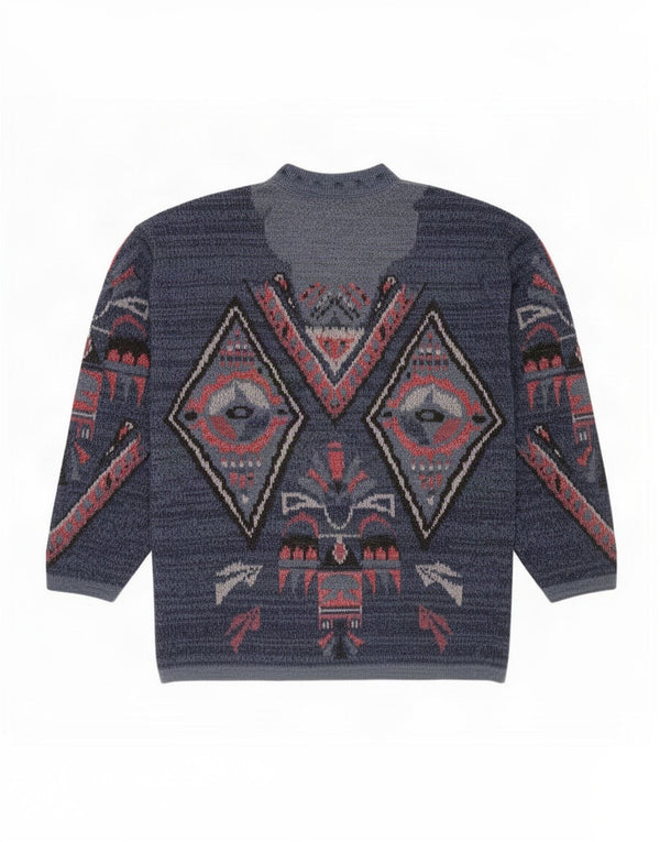 vintage Mens Turtle Neck Jumper Pull Grand Bleu Marine Géométrique Acrylique