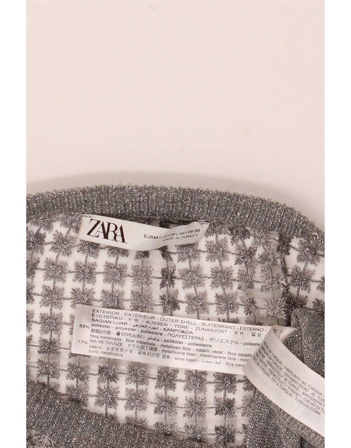 Zara Womens Crop See Through Blouse Top UK 14 Gris Moyen Floral
