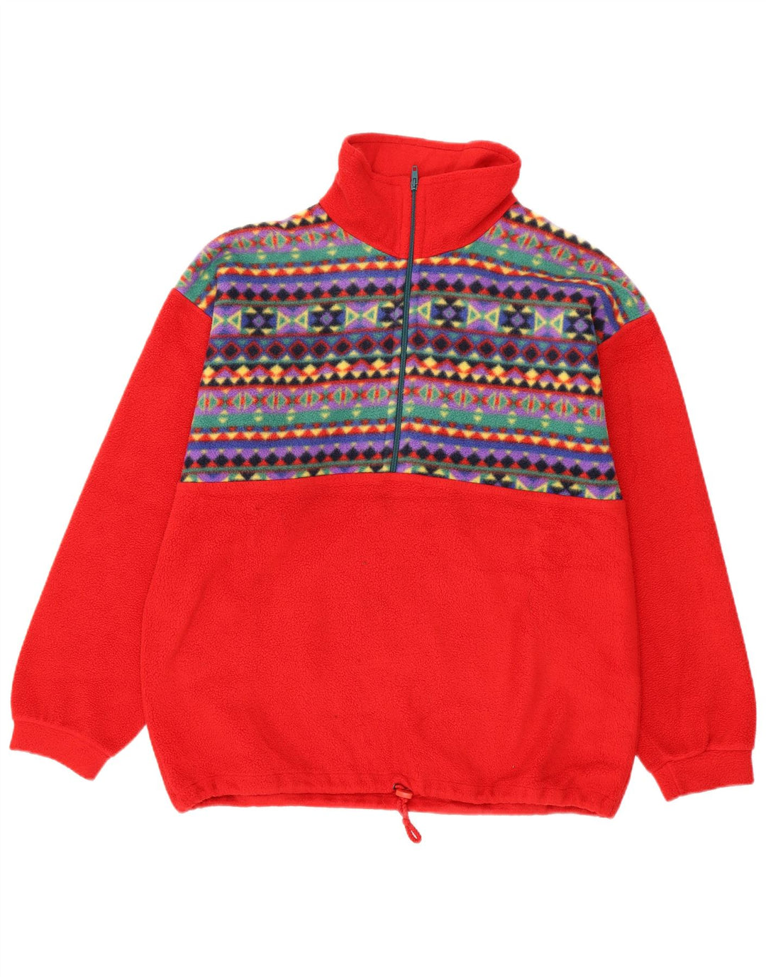 vintage Mens Zip Neck Fleece Jumper Moyen Rouge Géométrique Polyester