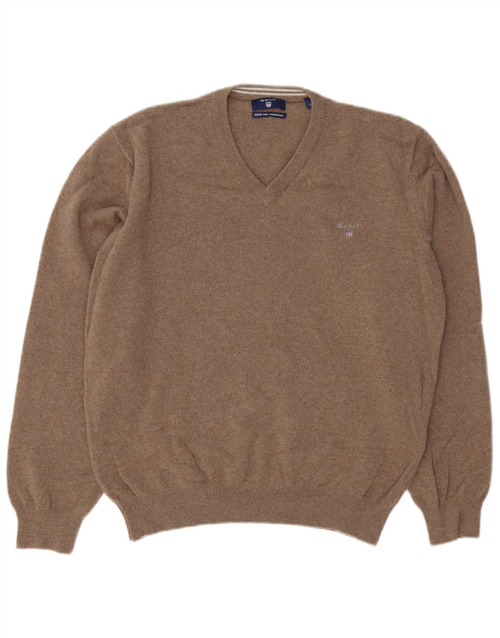 Gant Pull col V pour homme en laine d'agneau Marron Large