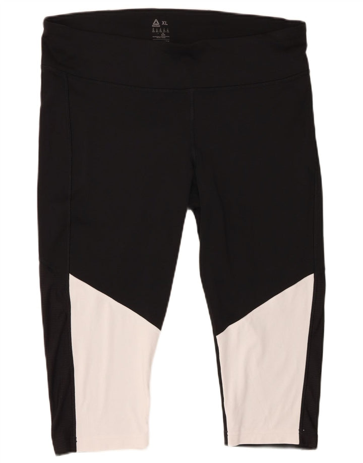 REEBOK Leggings Capri Femme UK 20/22 XL Noir Colorblock Polyester