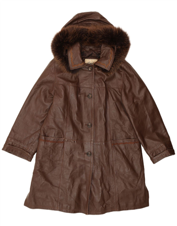 Manteau en cuir coupe ample à capuche femme vintage IT 44 cuir marron moyen