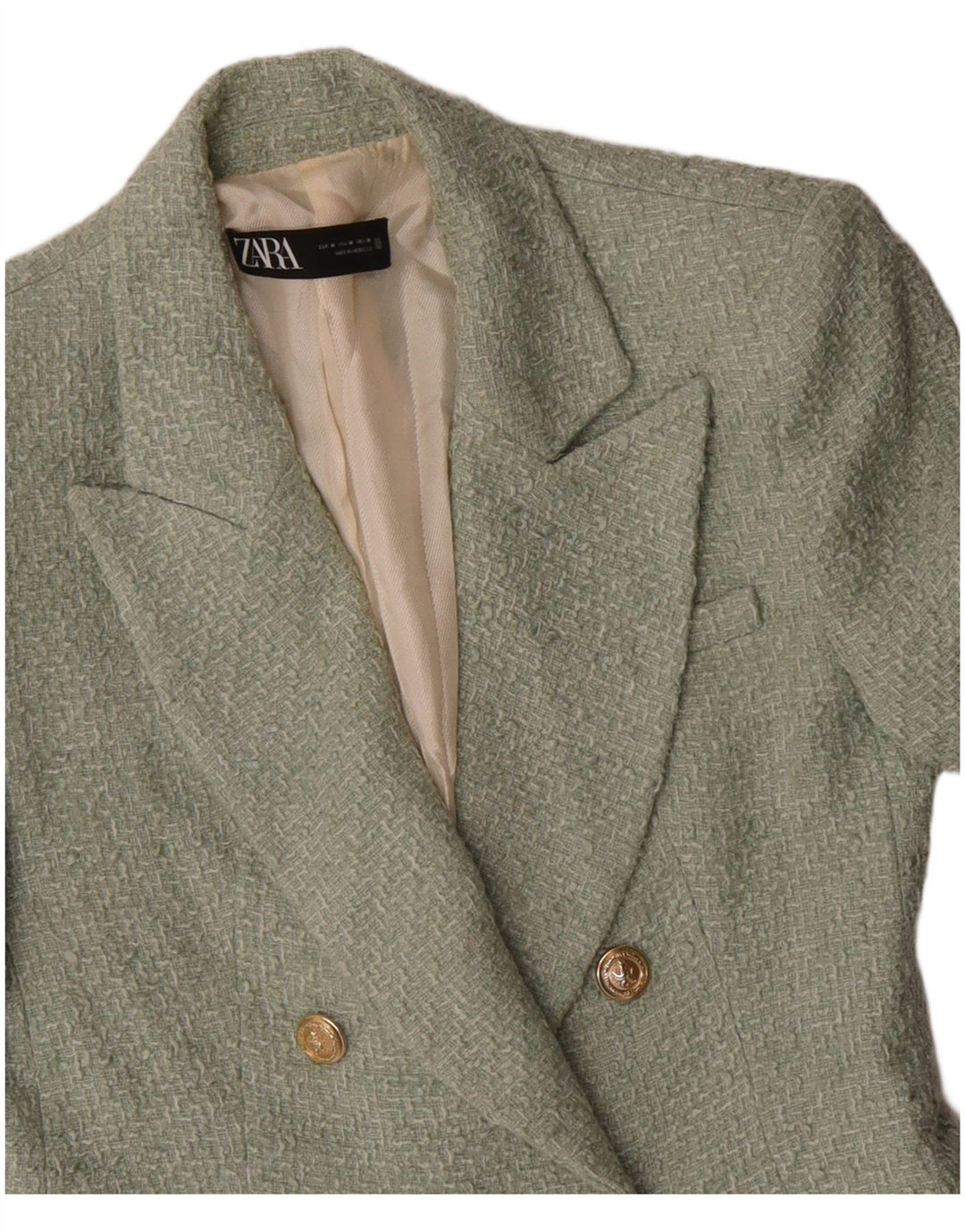 ZARA Femme Blazer Double Boutonnage Veste UK 12 Moyen Vert Acrylique
