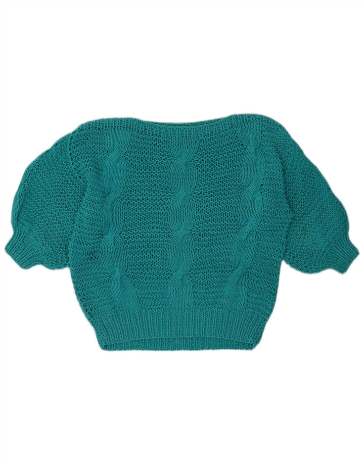 VINTAGE Femmes Crop Boat Neck Jumper Pull UK 14 Medium Turquoise