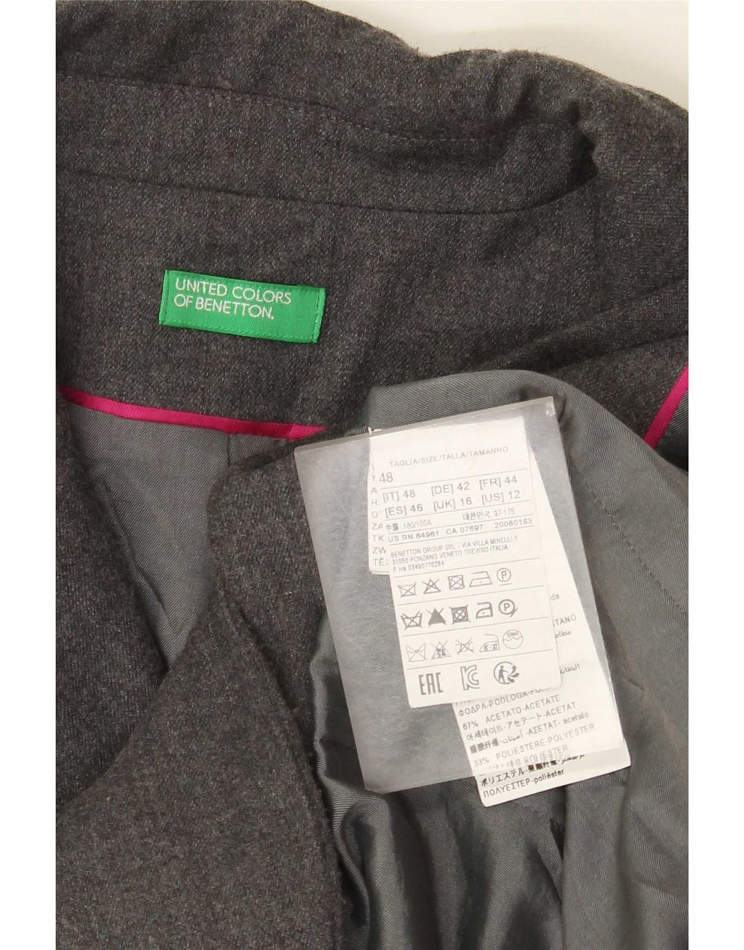 Benetton Veste Blazer 2 Boutons Femme UK 16 Grande Laine Grise