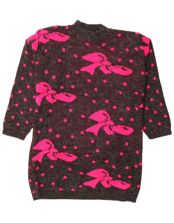 vintage Womens Graphic Turtle Neck Jumper Sweater UK 16 Grand Gris Repéré