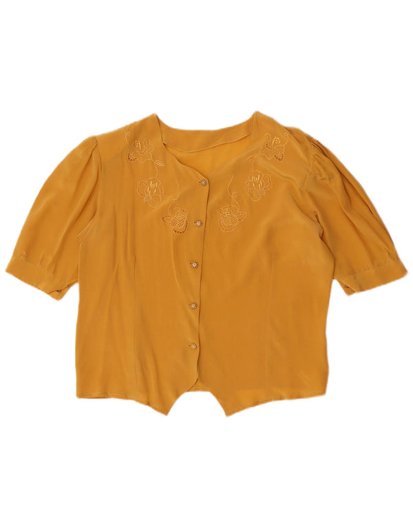 vintage Womens Crop Short Sleeve Shirt Blouse UK 12 Moyen Jaune Floral