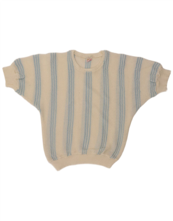VINTAGE Pull col bateau femme UK 12 Medium Off White Rayé