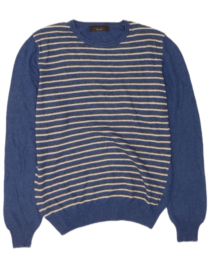 Zara Homme Pull Col Ras Du Cou Rayé Bleu Moyen Viscose