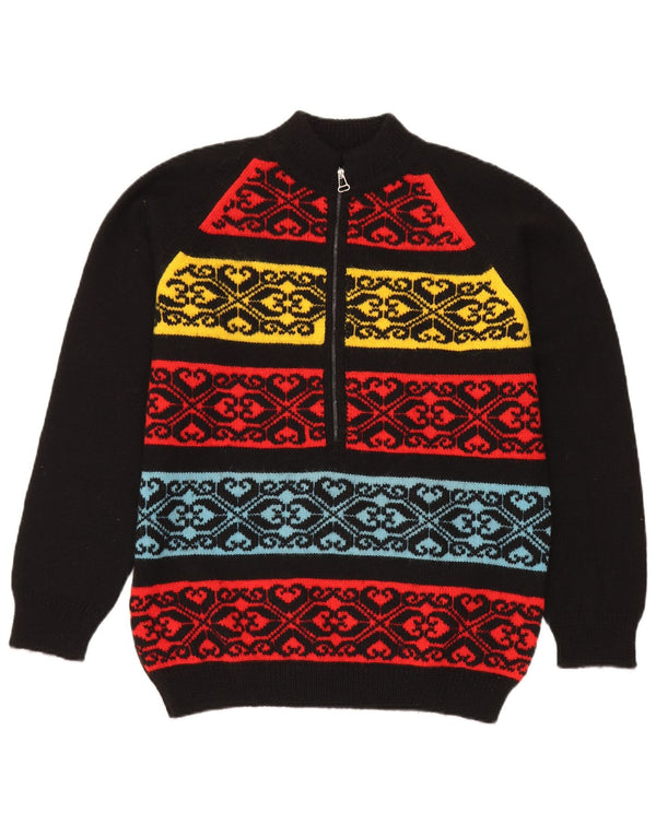 vintage Mens Zip Neck Jumper Pull Moyen Noir Fair Isle