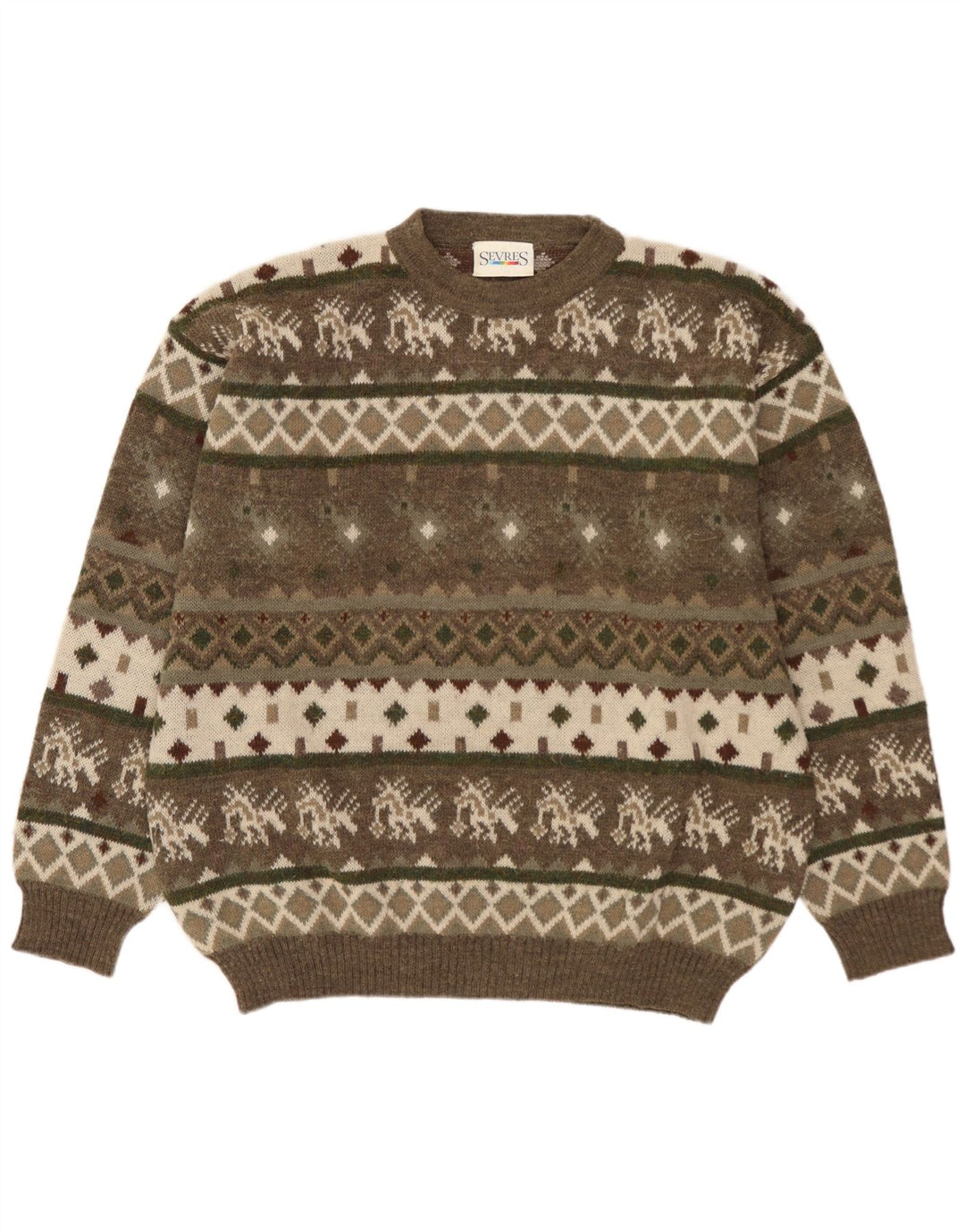 SEVRES Pull col rond homme IT 52 Large Kaki Fair Isle Wool
