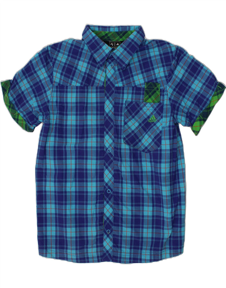 ADIDAS Boys Short Sleeve Shirt 11-12 Years Blue Check Nylon Vintage Adidas and Second-Hand Adidas from Messina Hembry 