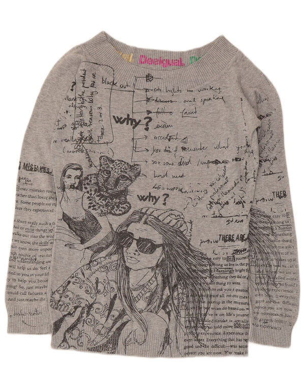 Desigual Pull graphique à col bateau pour femme UK 14 Large Gris Coton