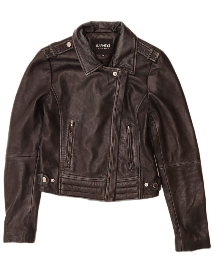 BARNEYS Veste de motard en cuir pour femme UK 10 Petit cuir noir