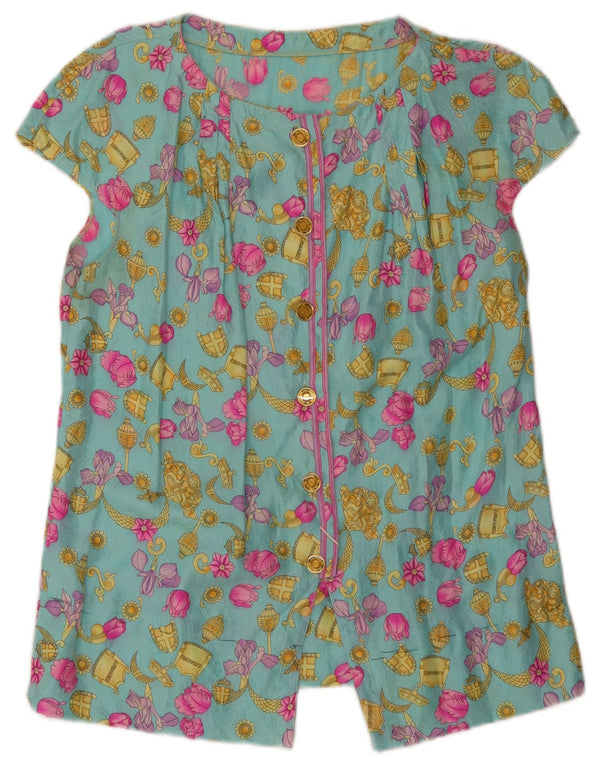 vintage Femme Chemise à manches courtes Blouse UK 10 Petit Turquoise Floral