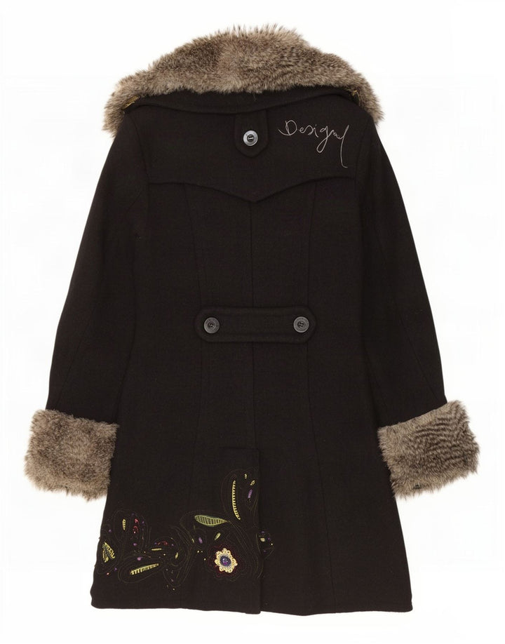 Desigual Femmes Graphique Double Boutonnage Manteau EU 42 Grand Noir Floral