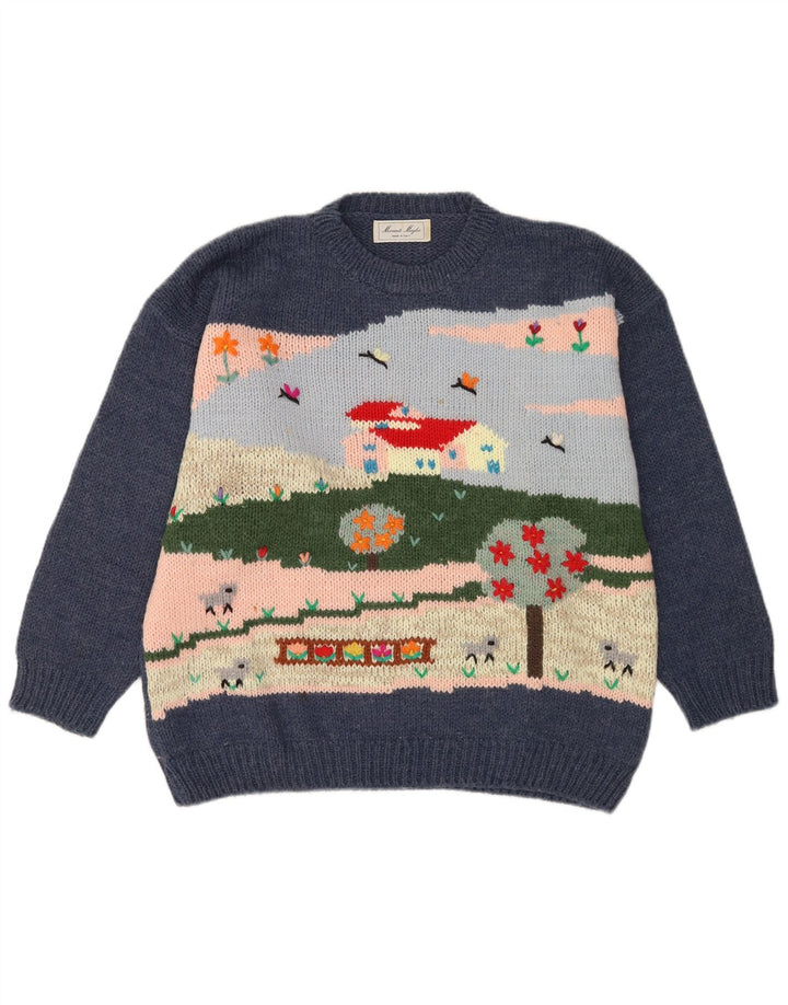 vintage Mens Graphic Crew Neck Jumper Pull Grande Laine Bleu Marine