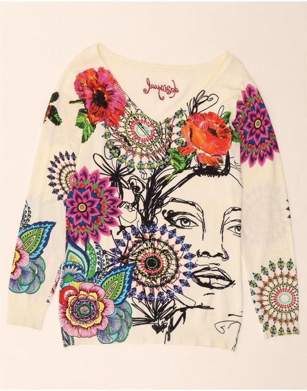 Desigual Pull graphique à col en V pour femme UK 14 Large Blanc Floral
