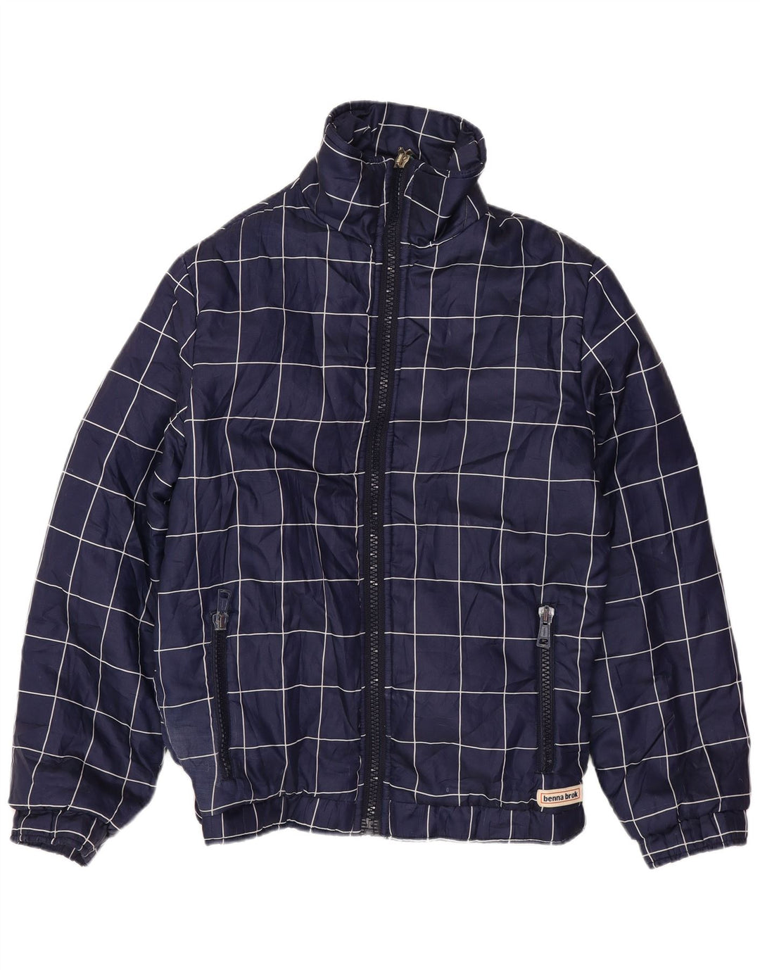 VINTAGE Veste Bomber Femme UK 14 Grand Carreau Bleu Marine