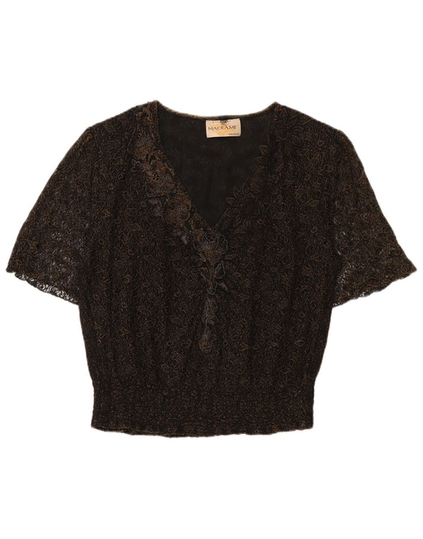 vintage Femme Blouse Top UK 16 Grand Noir Floral
