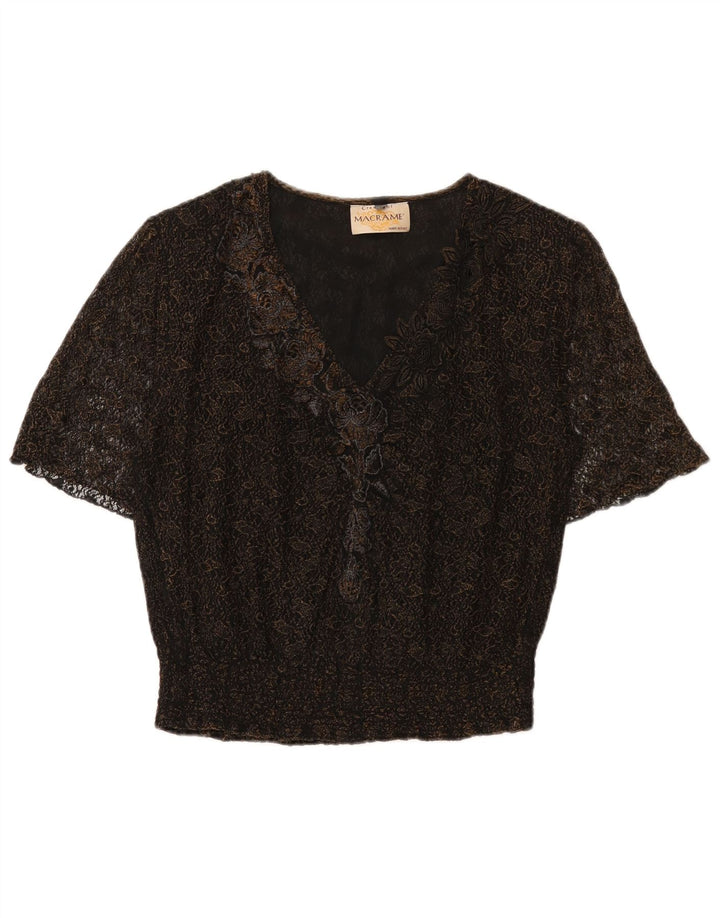 vintage Femme Blouse Top UK 16 Grand Noir Floral
