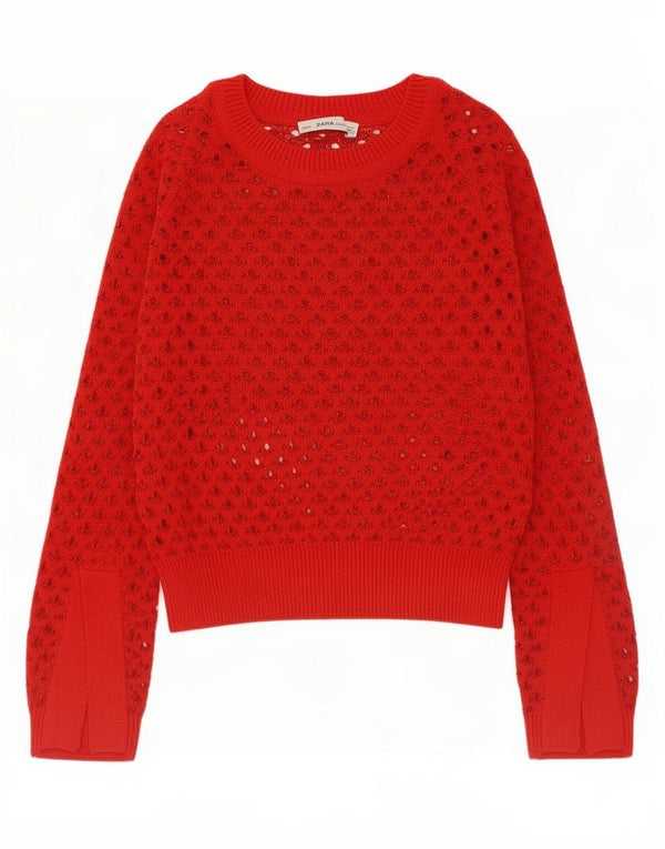 Zara Womens Crochet Boat Neck Jumper Pull UK 14 Moyen Rouge Coton