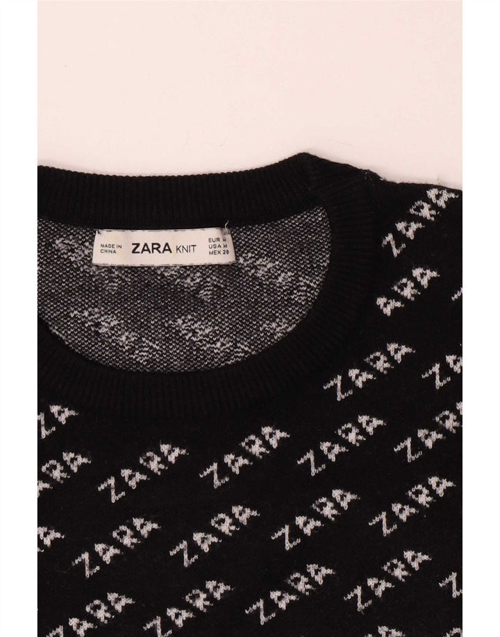 Zara Pull graphique à col rond pour femme UK 14 Noir moyen