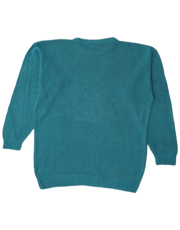 vintage Womens Graphic Oversize Boat Neck Jumper Pull UK 14 Bleu Moyen
