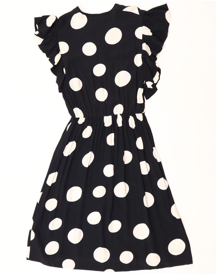 vintage Femme Robe A-Line UK 12 Moyen Noir À Pois