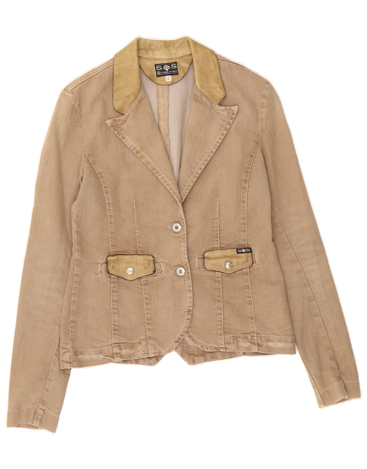 SOS Womens Denim 2 Button Blazer Jacket UK 10 Small Beige Cotton Vintage Sos and Second-Hand Sos from Messina Hembry 