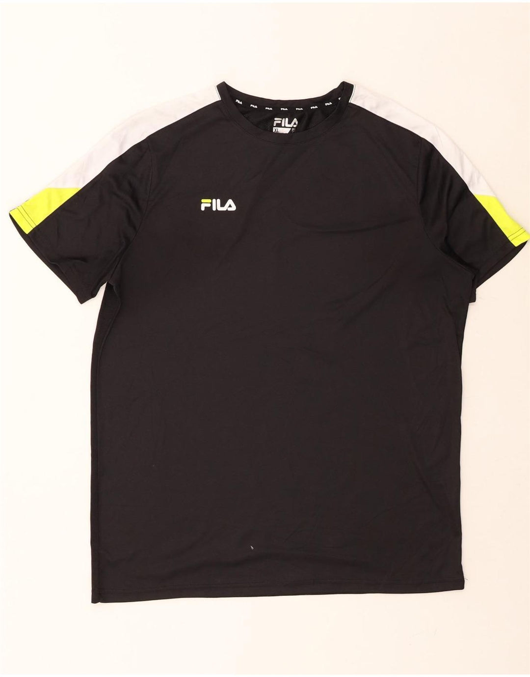 FILA Mens T-Shirt Top XL Black Colourblock Polyester Vintage Fila and Second-Hand Fila from Messina Hembry 