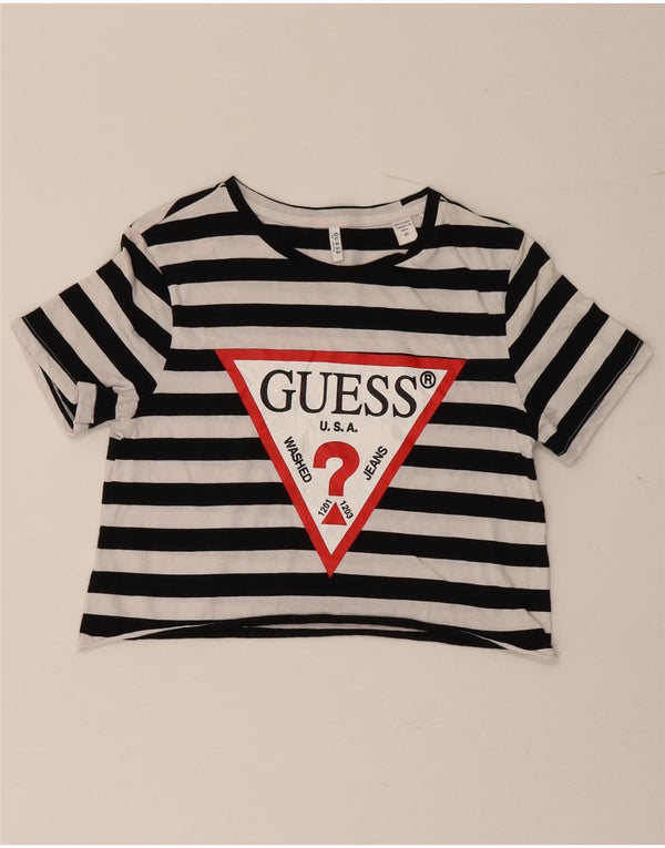 Guess Womens Crop Graphic T-Shirt Top UK 6 XS Noir Rayé