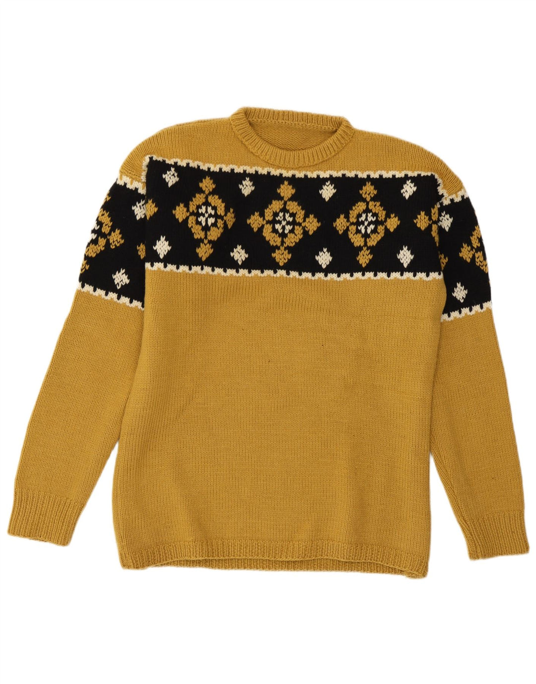 vintage Mens Crew Neck Jumper Pull Moyen Jaune Fair Isle