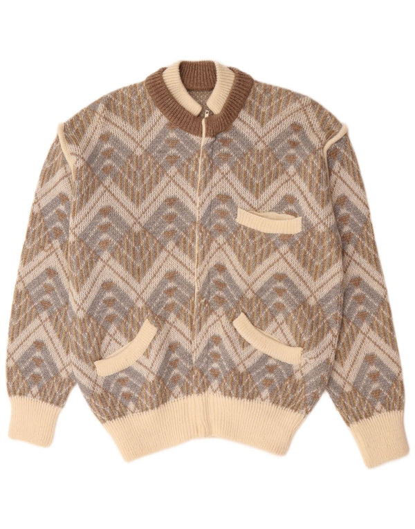 vintage Mens Cardigan Pull Grand Beige Géométrique