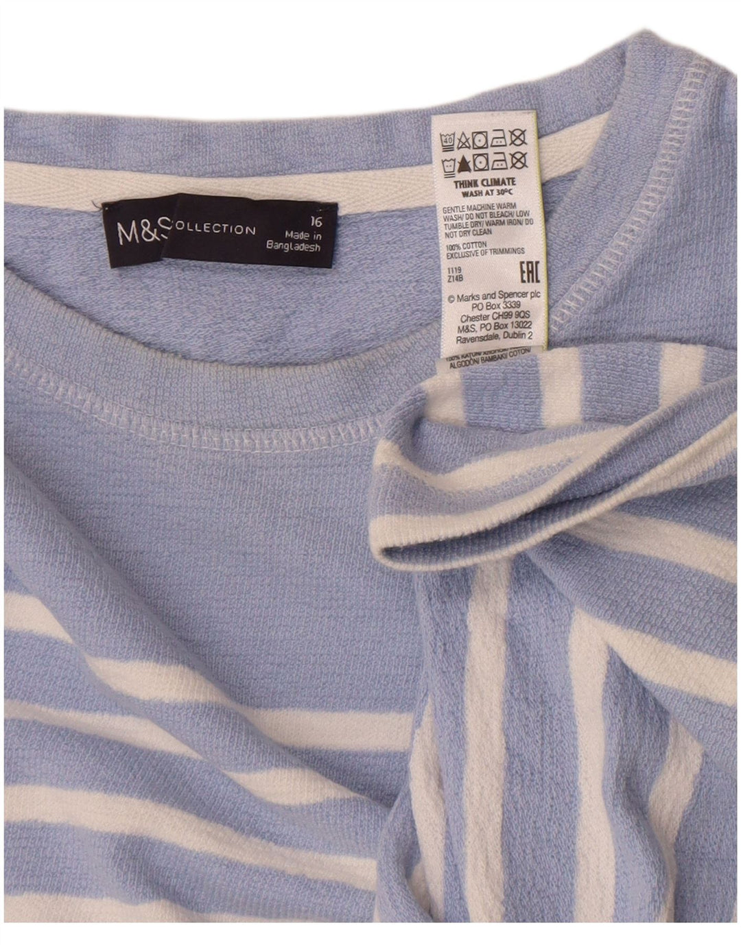 Marks & Spencer Haut à manches longues pour femme UK 46 Grand coton rayé bleu