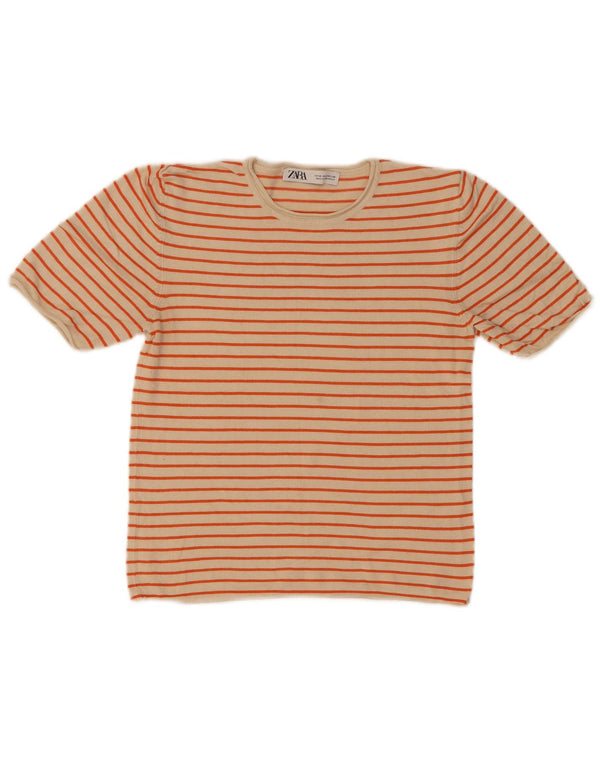 Zara Femme Crop T-Shirt Top UK 12 Viscose Rayé Beige Moyen
