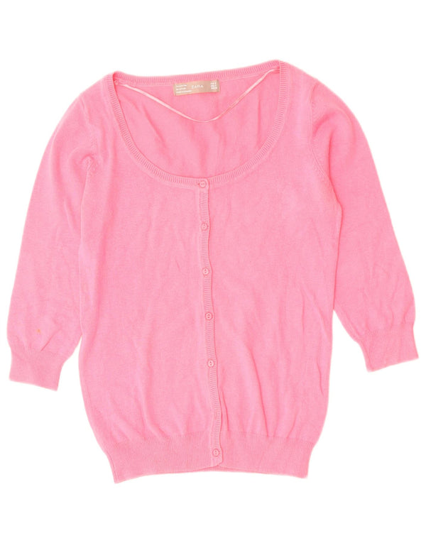ZARA Femme Cardigan à manches 3/4 Pull UK 8 Petit Rose Coton