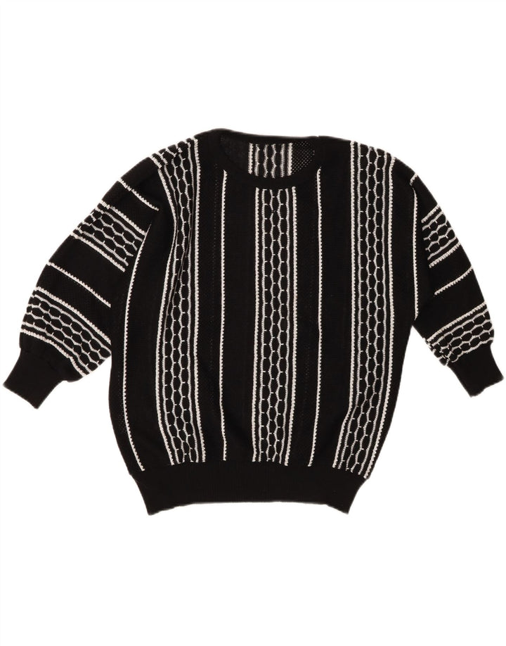 vintage Womens Boat Neck Jumper Pull EU 46 XL Noir Rayé Polyacrylique