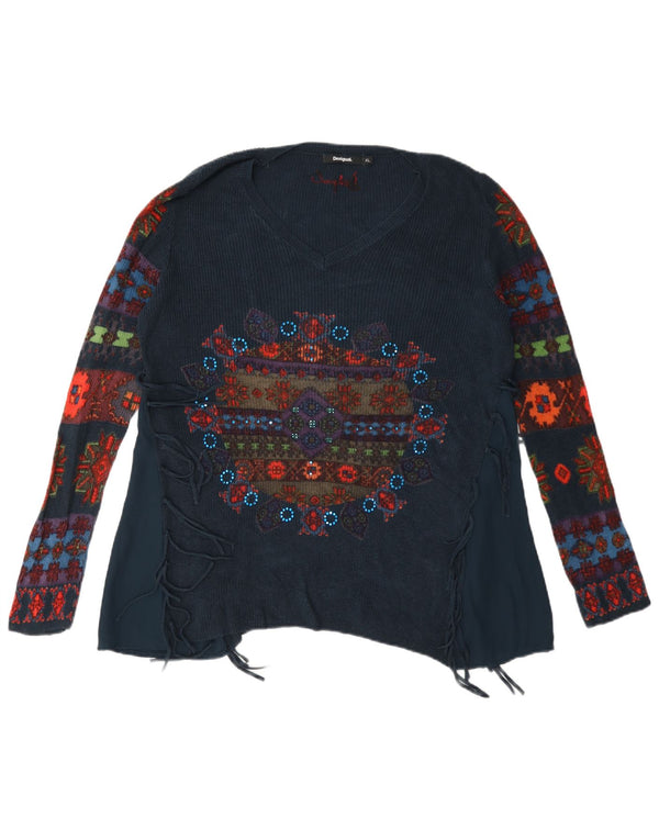 Desigual Pull graphique à col en V pour femme UK 18 XL Bleu marine Floral