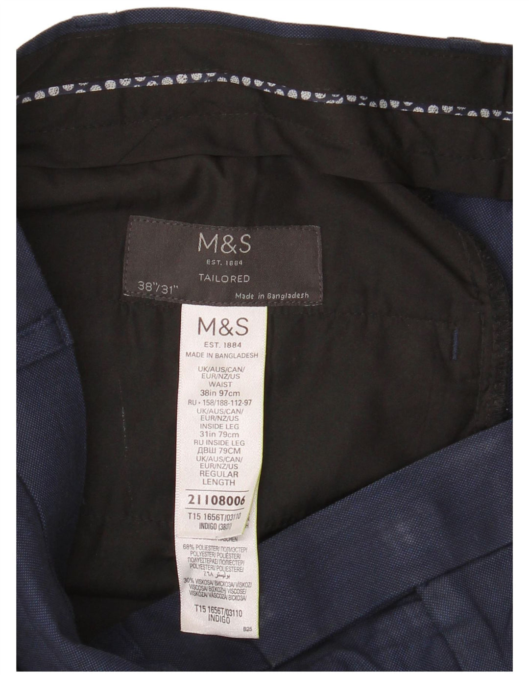 Marks & Spencer Pantalon de Costume Droit Homme W38 L31 Bleu Marine Polyester