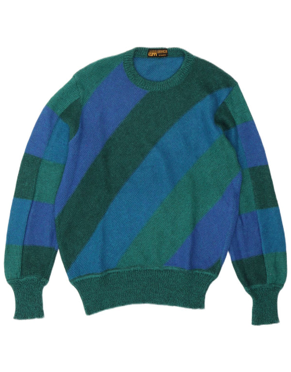 vintage Womens Crew Neck Jumper Pull UK 14 Grand Vert Rayé