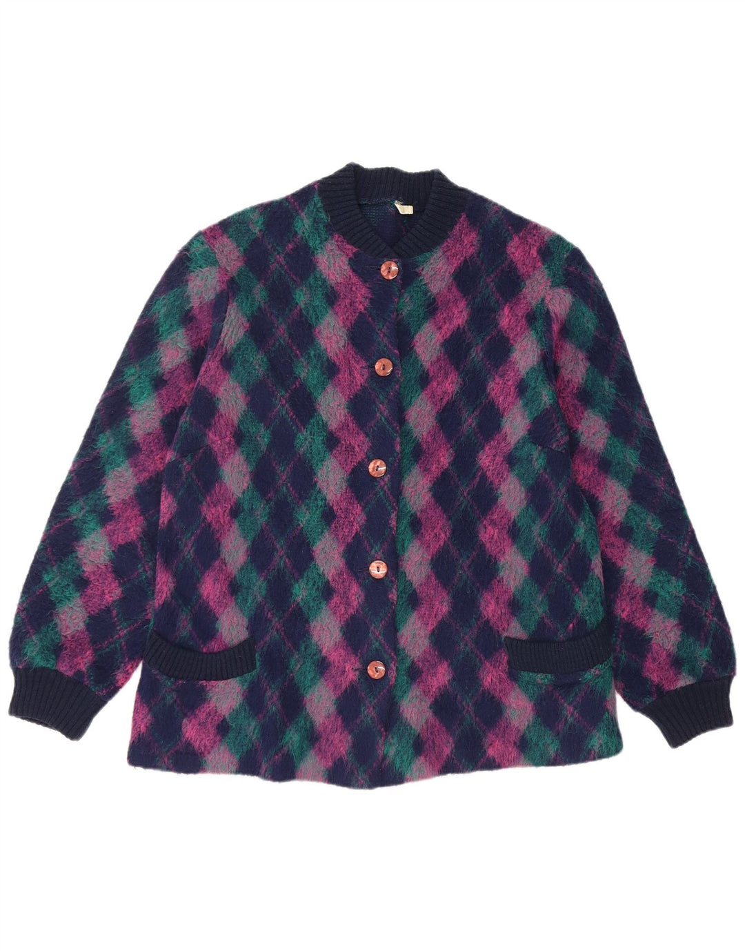 vintage Womens Cardigan Sweater EU 50 3XL Multicolore Argyle/Diamond Wool