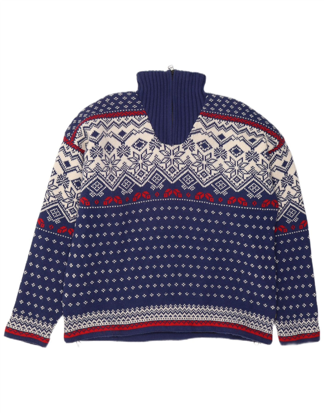 OCK Pull col zippé pour homme XL en laine Fair Isle bleu marine