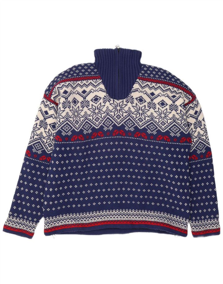 OCK Pull col zippé pour homme XL en laine Fair Isle bleu marine