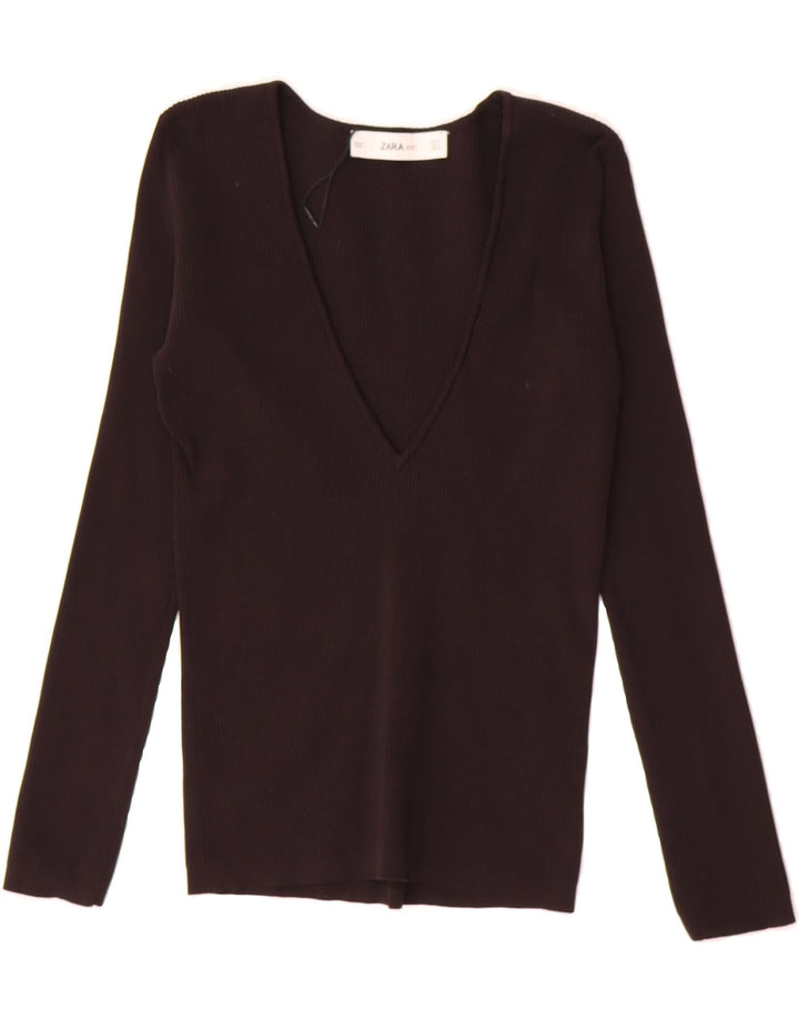 ZARA Womens V-Neck Jumper Sweater UK 12 Medium Black Nylon Vintage Zara and Second-Hand Zara from Messina Hembry 